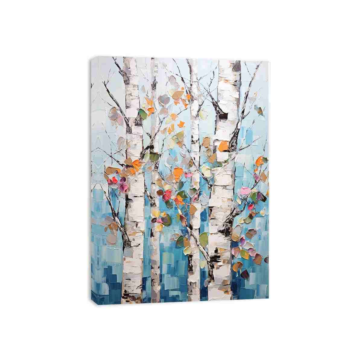 Textured birch tree canvas art with colorful leaves for modern room decor.