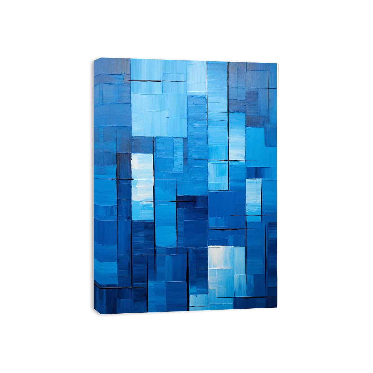Blue geometric abstract canvas art for modern office or living room decor.