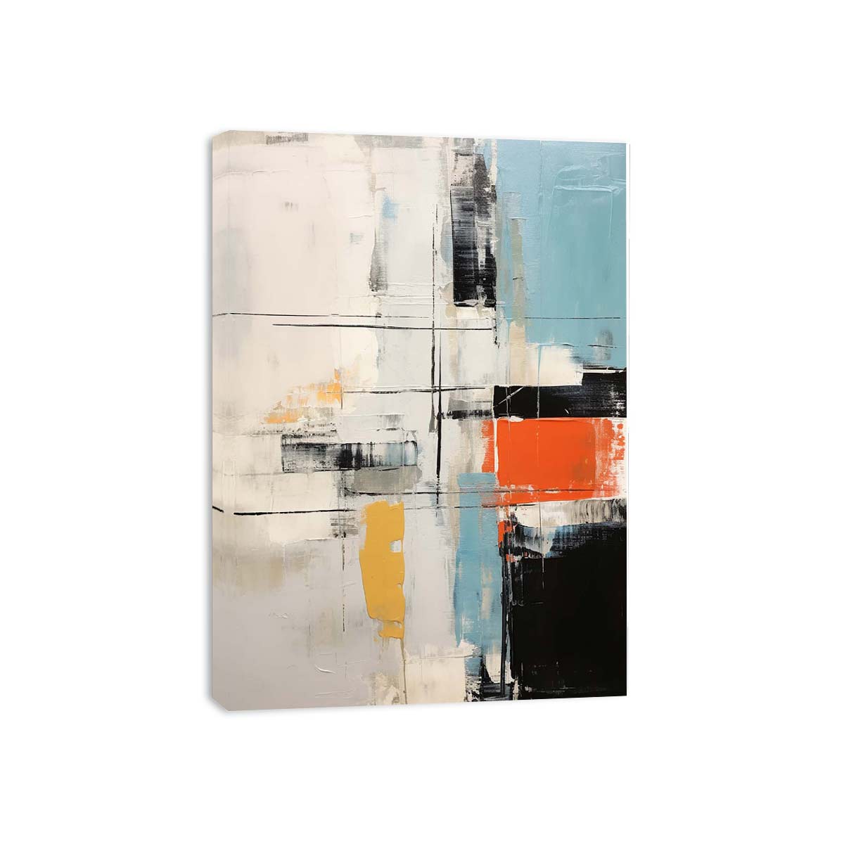 Contemporary abstract canvas art with orange, yellow, black, and blue accents.