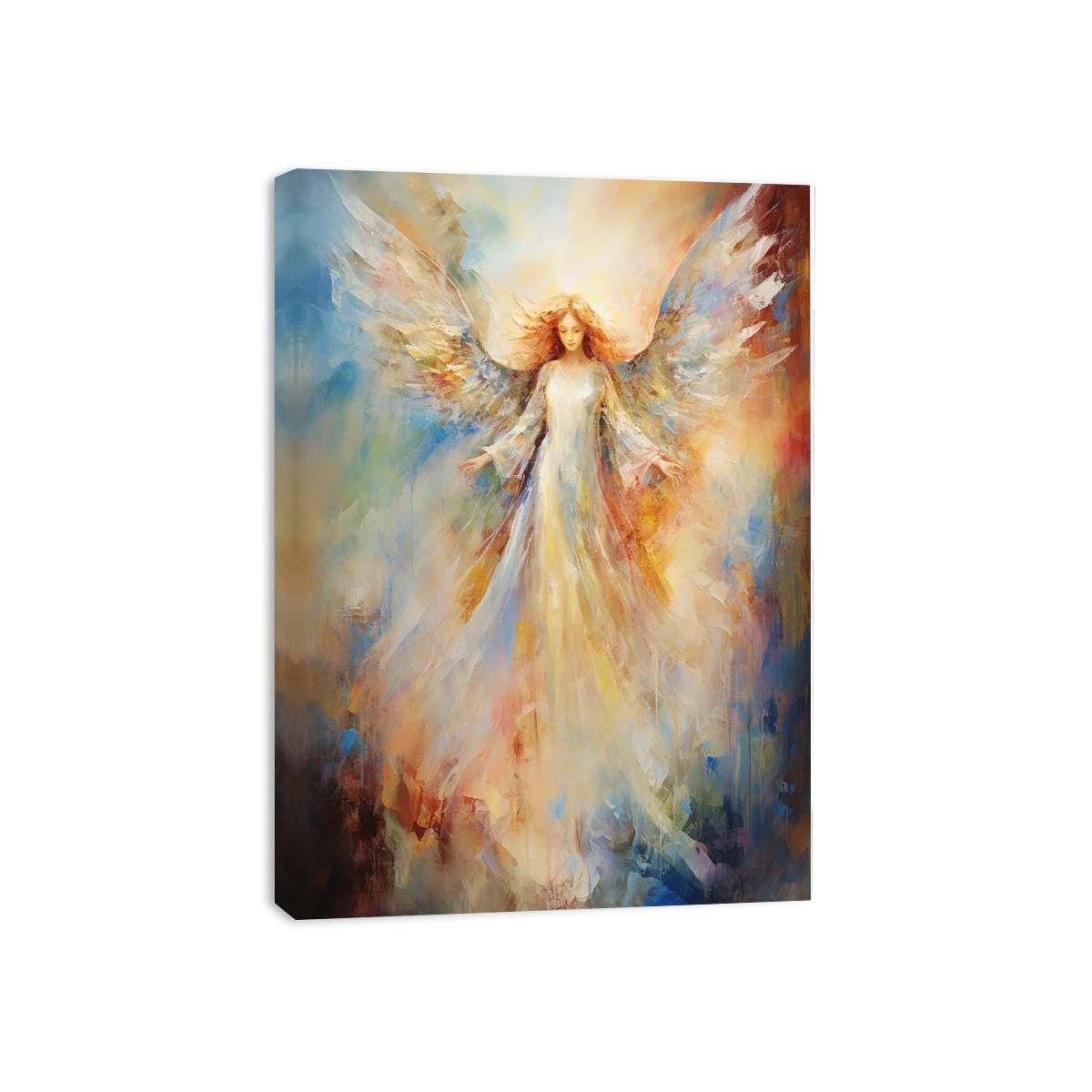 Ethereal angel canvas art with glowing wings for peaceful bedroom decor.