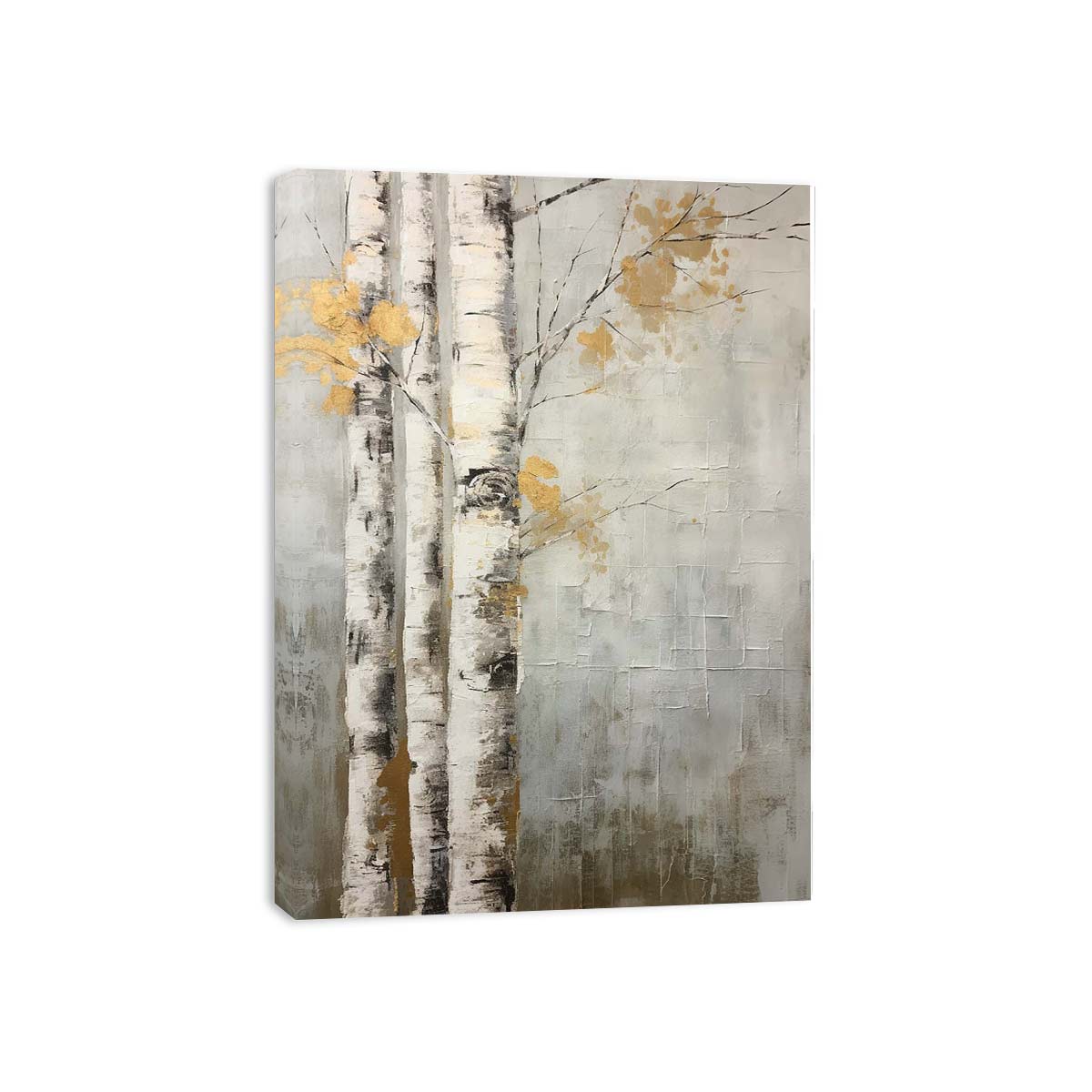 Neutral birch tree canvas art with gold accents for calm modern room decor.