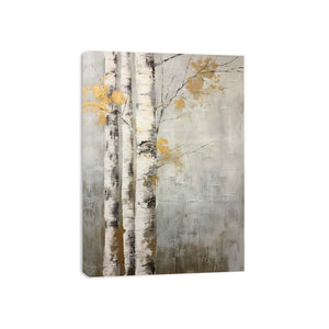 Neutral birch tree canvas art with gold accents for calm modern room decor.