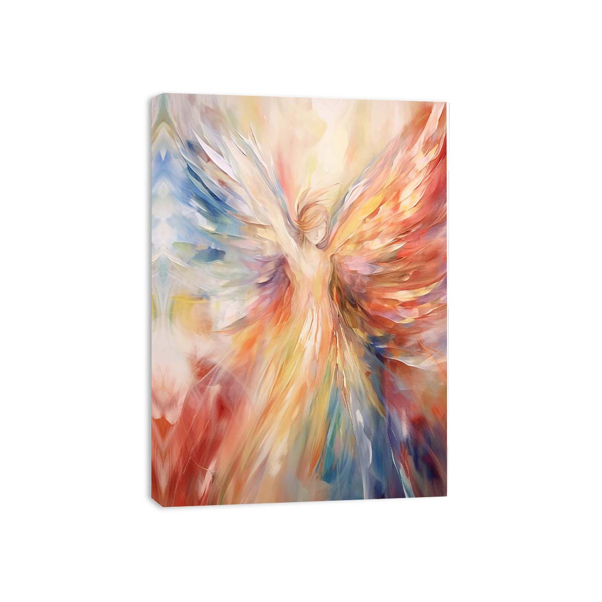 Colorful abstract angel canvas art with radiant wings for statement decor.