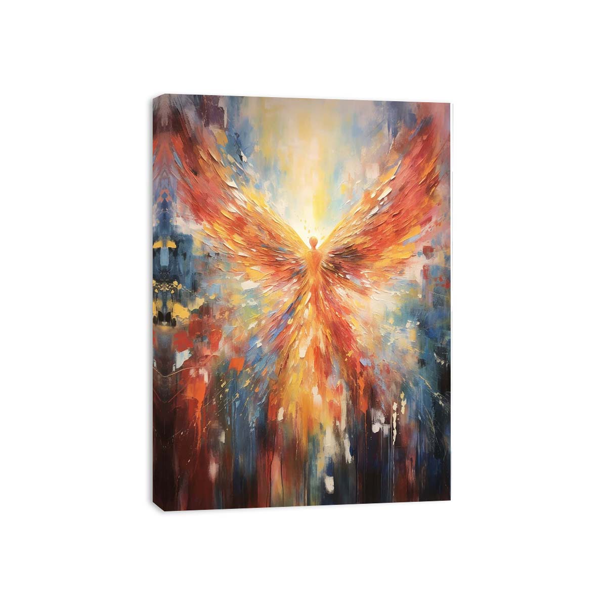 Fiery abstract angel wings canvas art for bold living room statement decor.