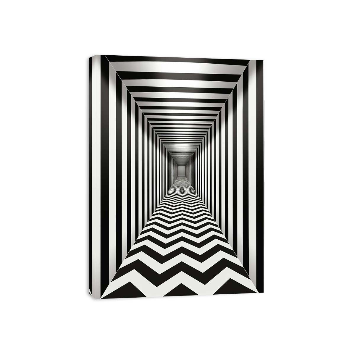 Black and white optical illusion corridor canvas art for modern hallway or office decor.