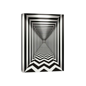 Black and white optical illusion corridor canvas art for modern hallway or office decor.