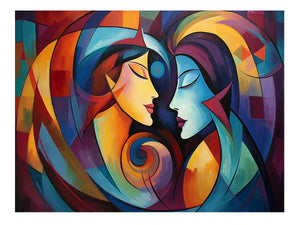 Colorful abstract couple canvas art for romantic bedroom or modern living room decor.