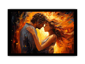 Warm romantic couple canvas art with expressive orange tones for bedroom decor.