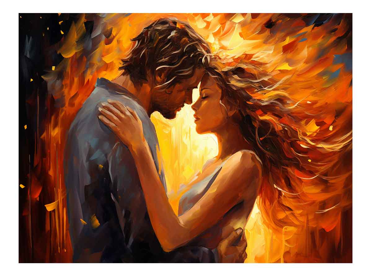 Warm romantic couple canvas art with expressive orange tones for bedroom decor.