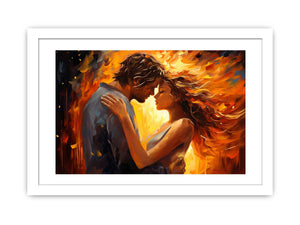 Warm romantic couple canvas art with expressive orange tones for bedroom decor.