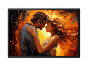 Warm romantic couple canvas art with expressive orange tones for bedroom decor.