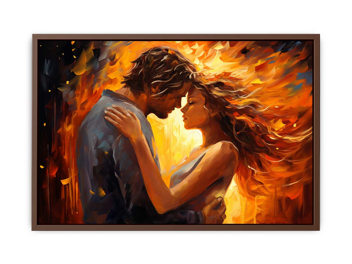 Warm romantic couple canvas art with expressive orange tones for bedroom decor.