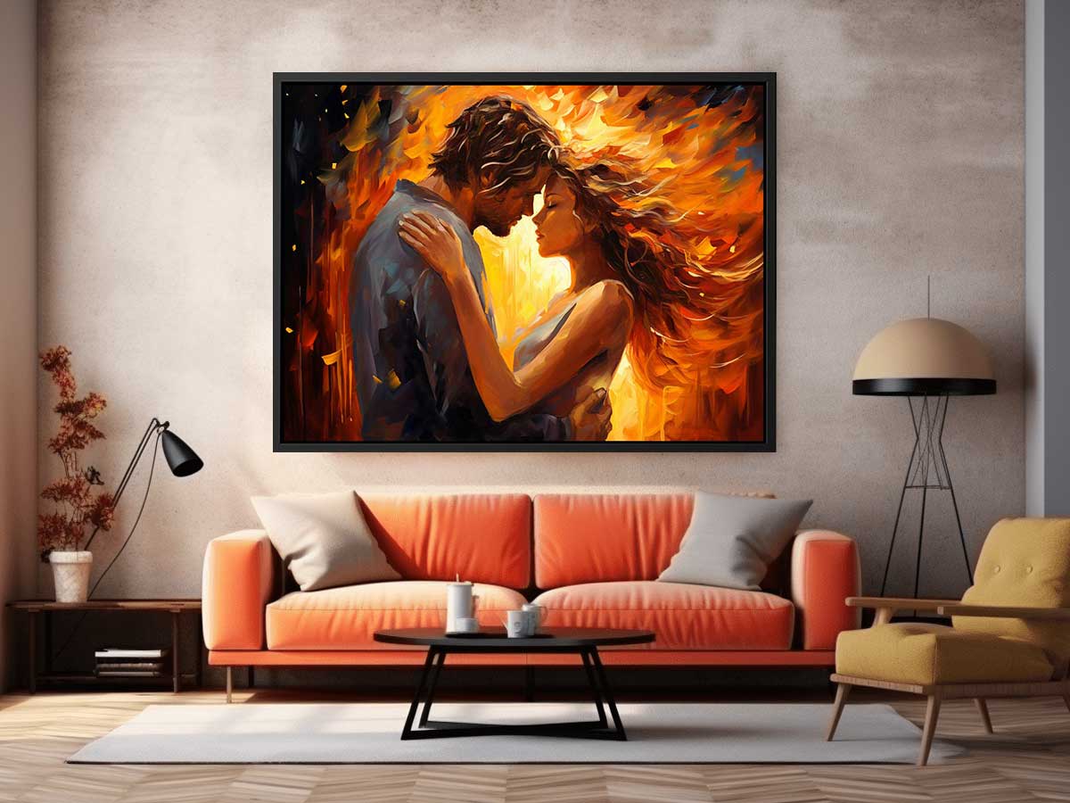 Warm romantic couple canvas art with expressive orange tones for bedroom decor.