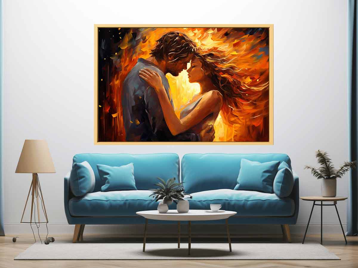 Warm romantic couple canvas art with expressive orange tones for bedroom decor.