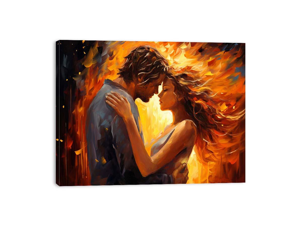 Warm romantic couple canvas art with expressive orange tones for bedroom decor.