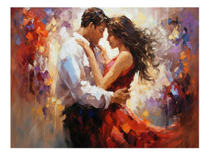 Romantic dancing couple canvas art with red dress for elegant bedroom decor.
