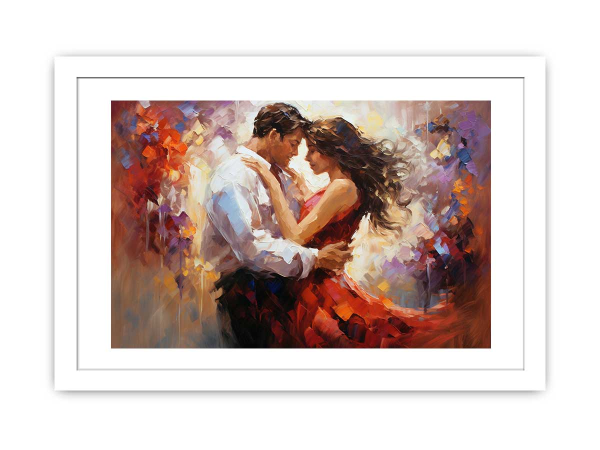 Romantic dancing couple canvas art with red dress for elegant bedroom decor.