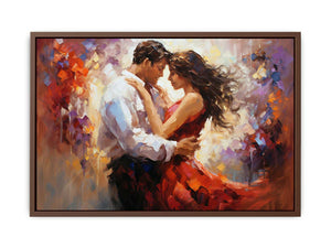Romantic dancing couple canvas art with red dress for elegant bedroom decor.