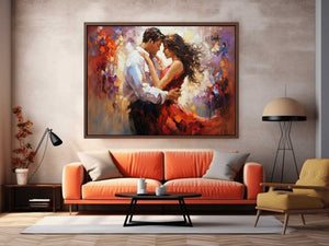 Romantic dancing couple canvas art with red dress for elegant bedroom decor.