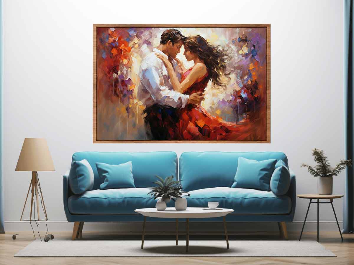 Romantic dancing couple canvas art with red dress for elegant bedroom decor.