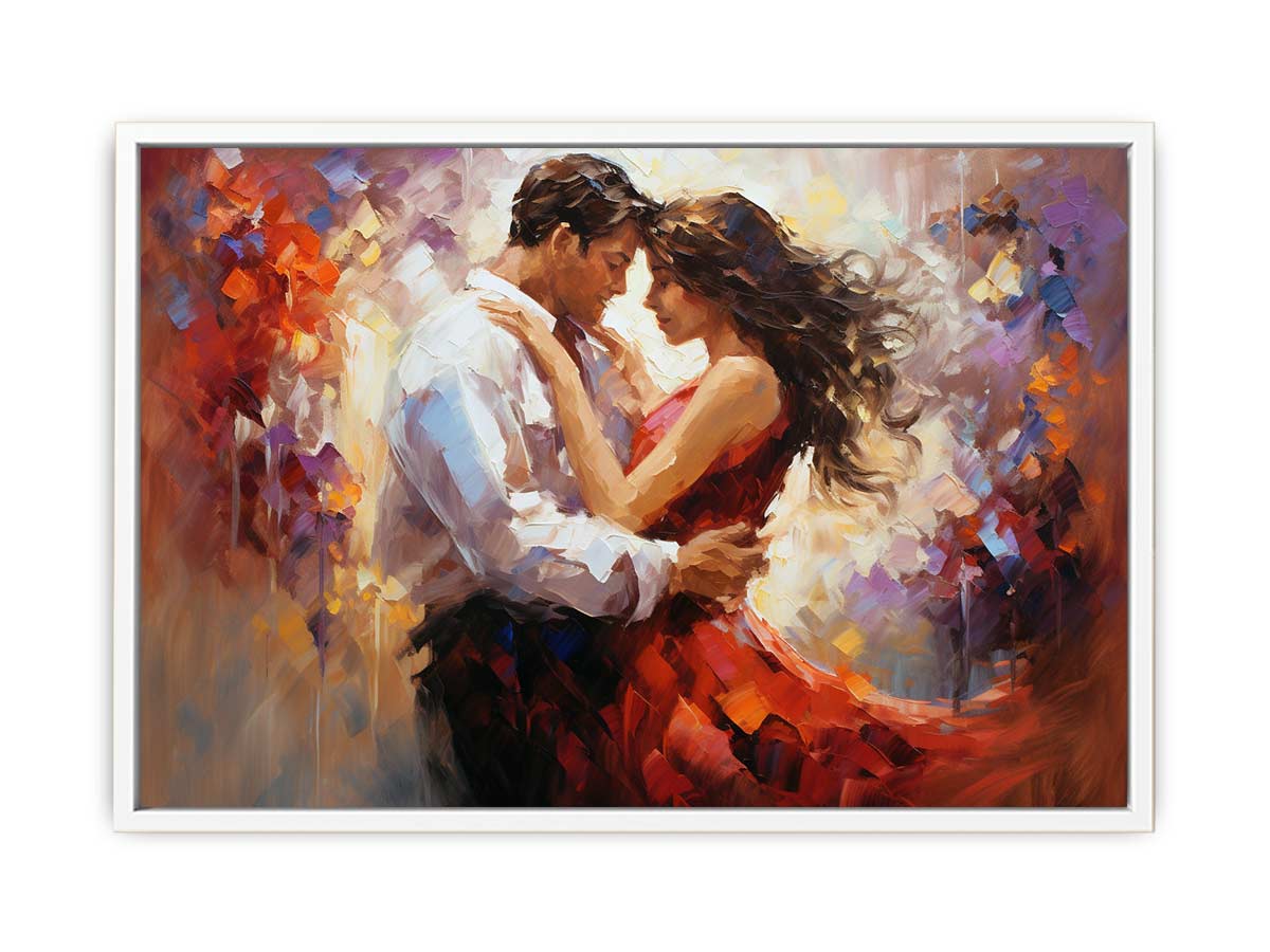 Romantic dancing couple canvas art with red dress for elegant bedroom decor.