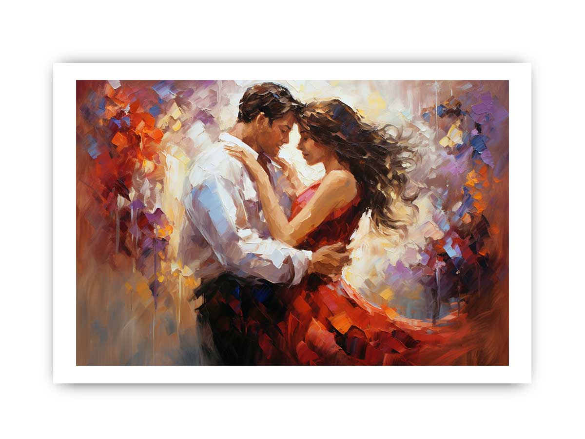 Romantic dancing couple canvas art with red dress for elegant bedroom decor.