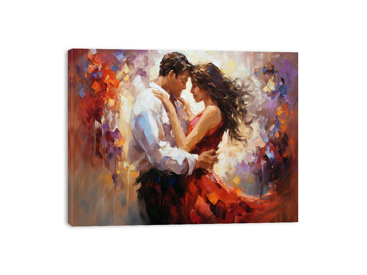 Romantic dancing couple canvas art with red dress for elegant bedroom decor.