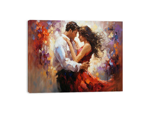 Romantic dancing couple canvas art with red dress for elegant bedroom decor.