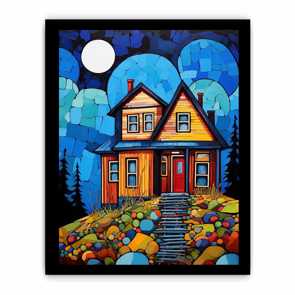 Colorful moonlit cottage canvas art for cozy hallway, nursery, or living room decor.