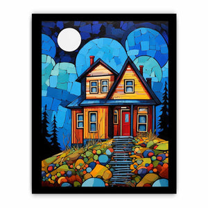 Colorful moonlit cottage canvas art for cozy hallway, nursery, or living room decor.