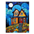 Colorful moonlit cottage canvas art for cozy hallway, nursery, or living room decor.