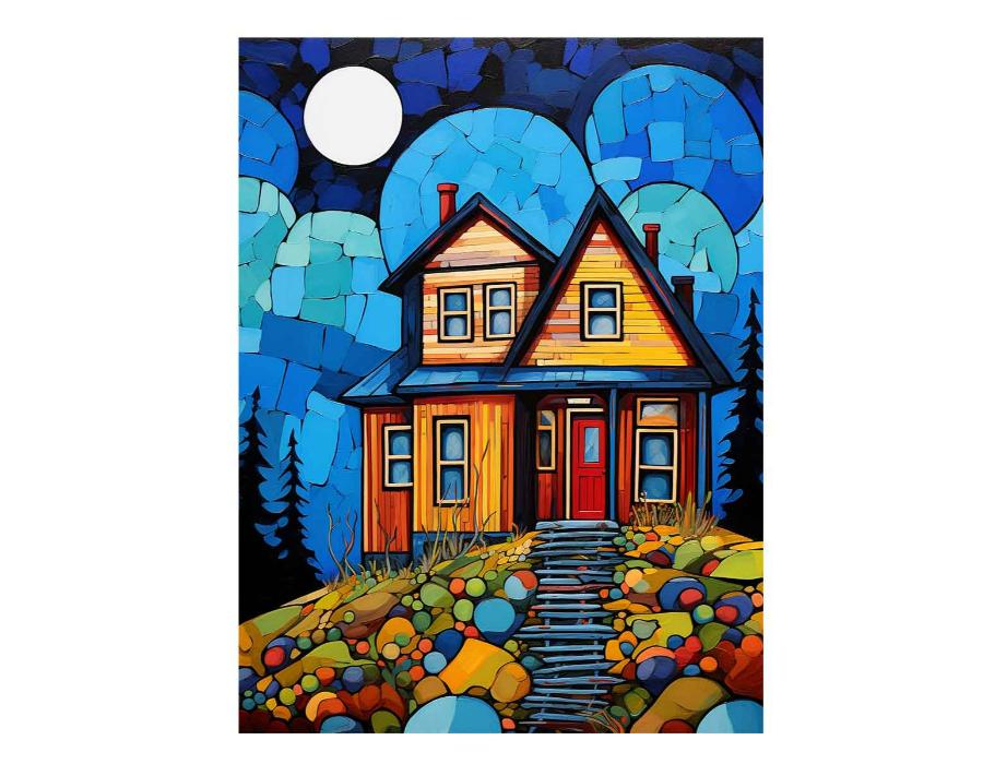 Colorful moonlit cottage canvas art for cozy hallway, nursery, or living room decor.
