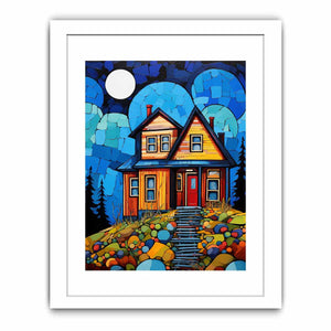 Colorful moonlit cottage canvas art for cozy hallway, nursery, or living room decor.