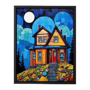 Colorful moonlit cottage canvas art for cozy hallway, nursery, or living room decor.