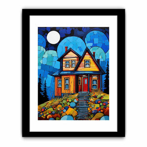 Colorful moonlit cottage canvas art for cozy hallway, nursery, or living room decor.