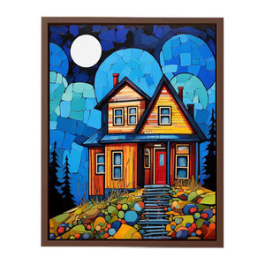 Colorful moonlit cottage canvas art for cozy hallway, nursery, or living room decor.