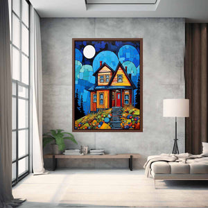 Colorful moonlit cottage canvas art for cozy hallway, nursery, or living room decor.