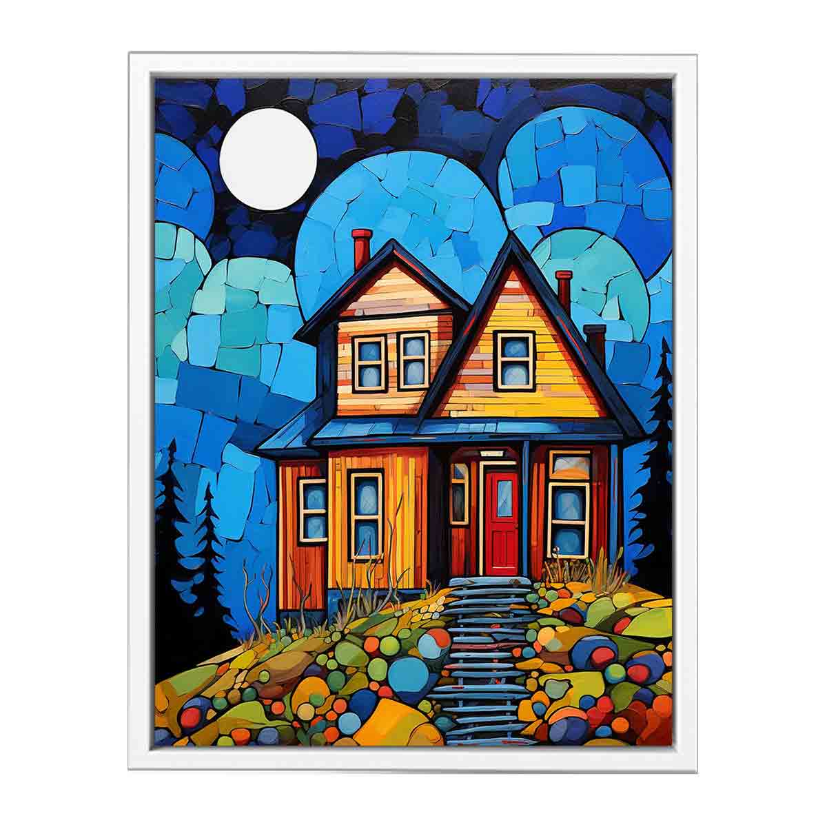 Colorful moonlit cottage canvas art for cozy hallway, nursery, or living room decor.