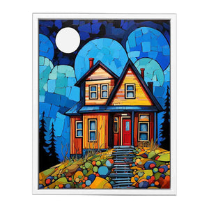 Colorful moonlit cottage canvas art for cozy hallway, nursery, or living room decor.
