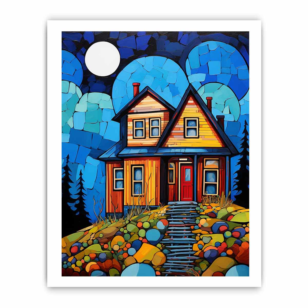 Colorful moonlit cottage canvas art for cozy hallway, nursery, or living room decor.