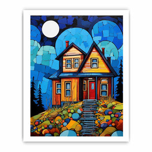 Colorful moonlit cottage canvas art for cozy hallway, nursery, or living room decor.
