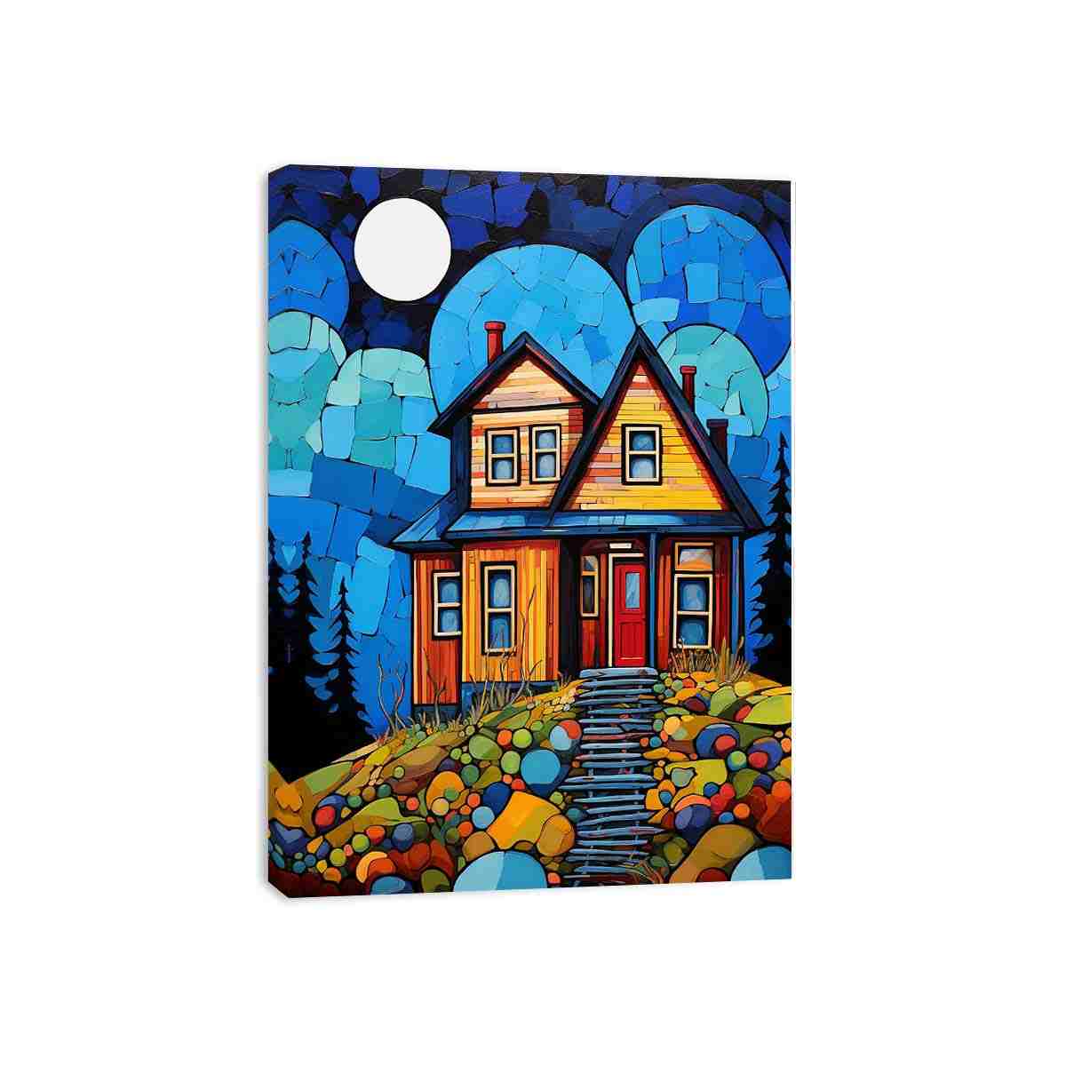 Colorful moonlit cottage canvas art for cozy hallway, nursery, or living room decor.