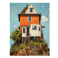 Vintage orange house canvas art with garden and porch for cozy farmhouse decor.