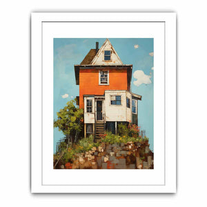 Vintage orange house canvas art with garden and porch for cozy farmhouse decor.