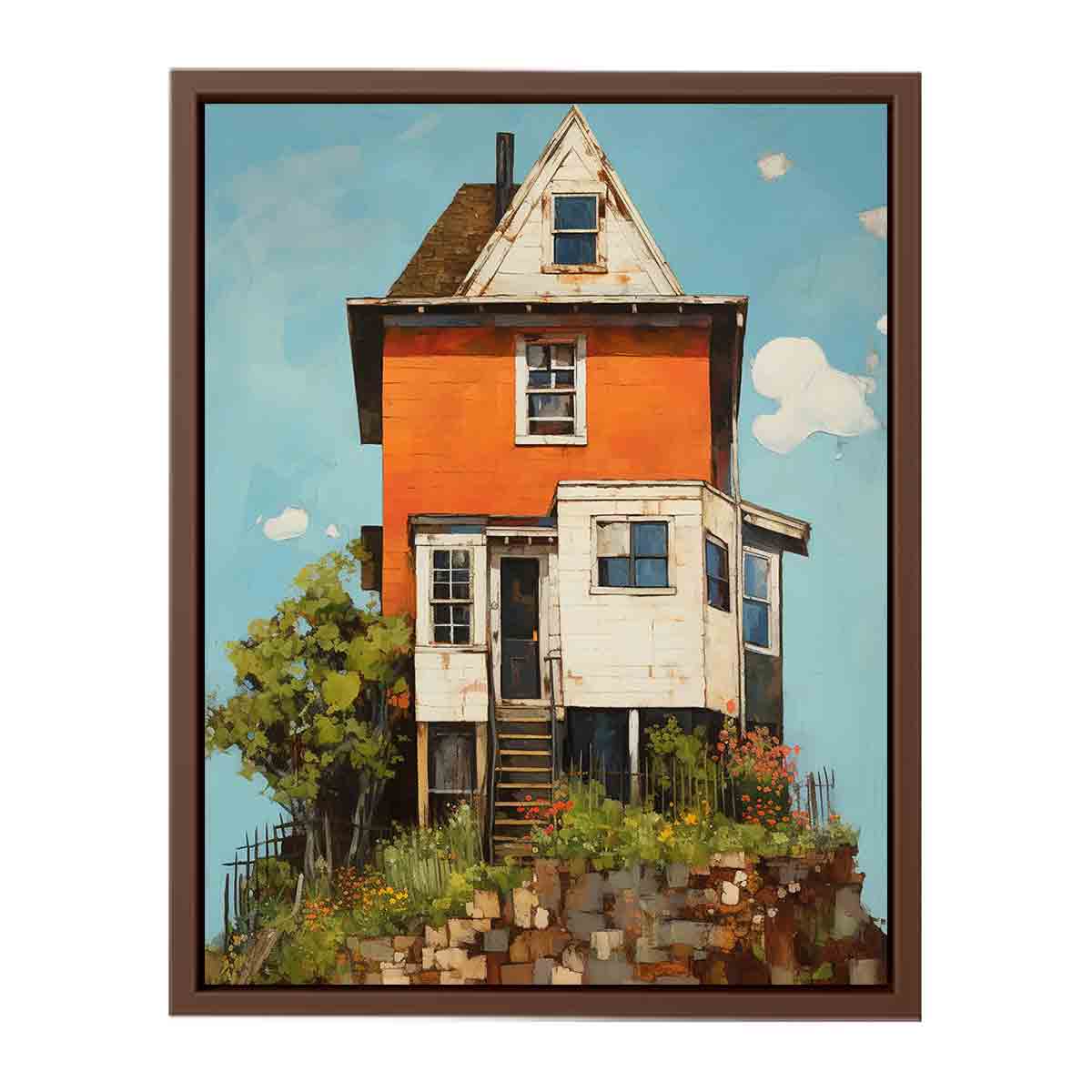 Vintage orange house canvas art with garden and porch for cozy farmhouse decor.