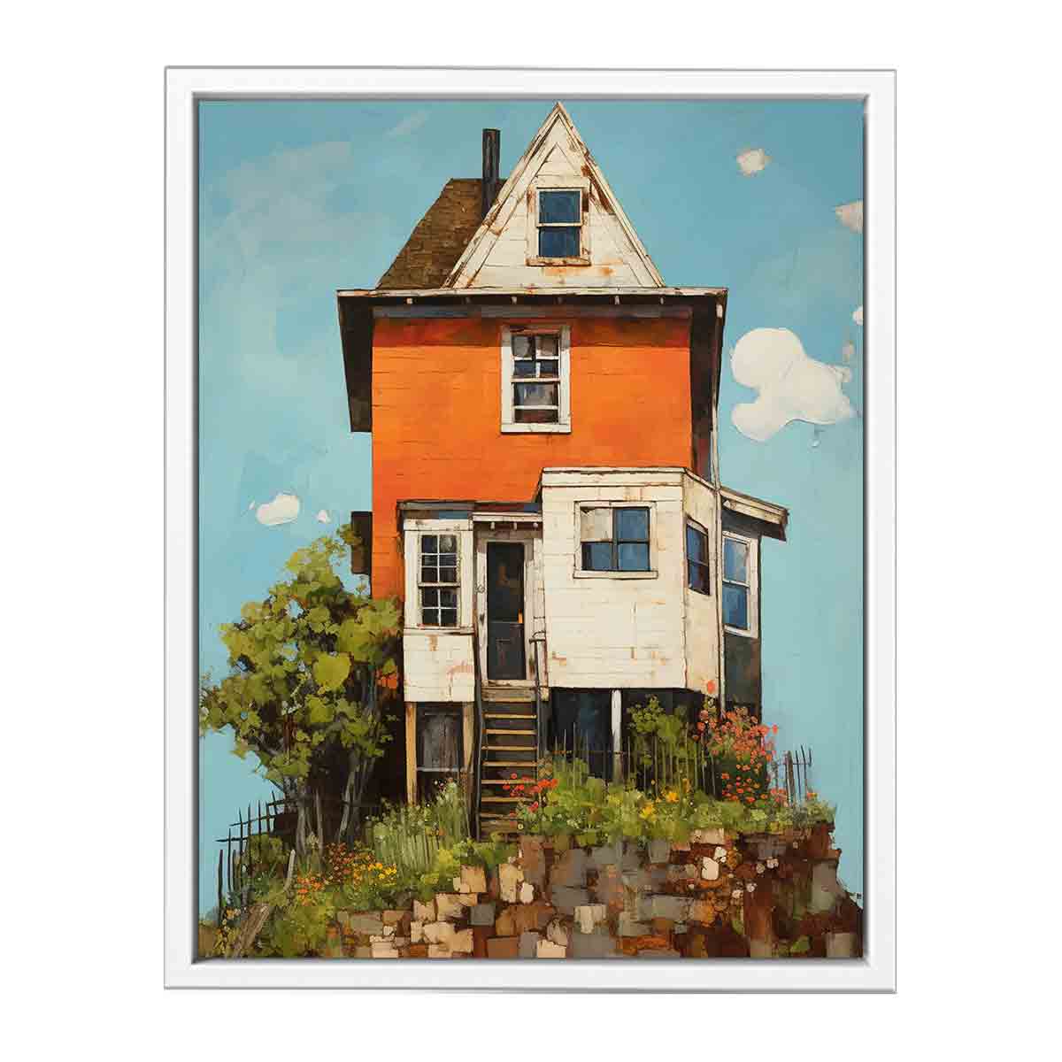 Vintage orange house canvas art with garden and porch for cozy farmhouse decor.