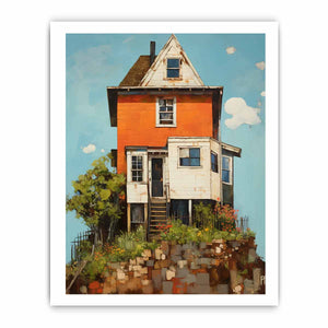 Vintage orange house canvas art with garden and porch for cozy farmhouse decor.