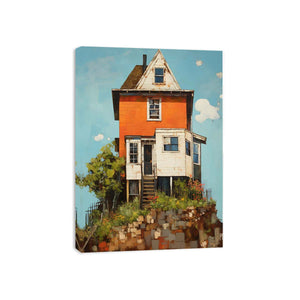 Vintage orange house canvas art with garden and porch for cozy farmhouse decor.