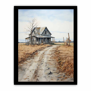 Rustic country house landscape canvas art with road and fields for farmhouse decor.