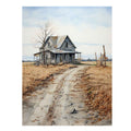 Rustic country house landscape canvas art with road and fields for farmhouse decor.